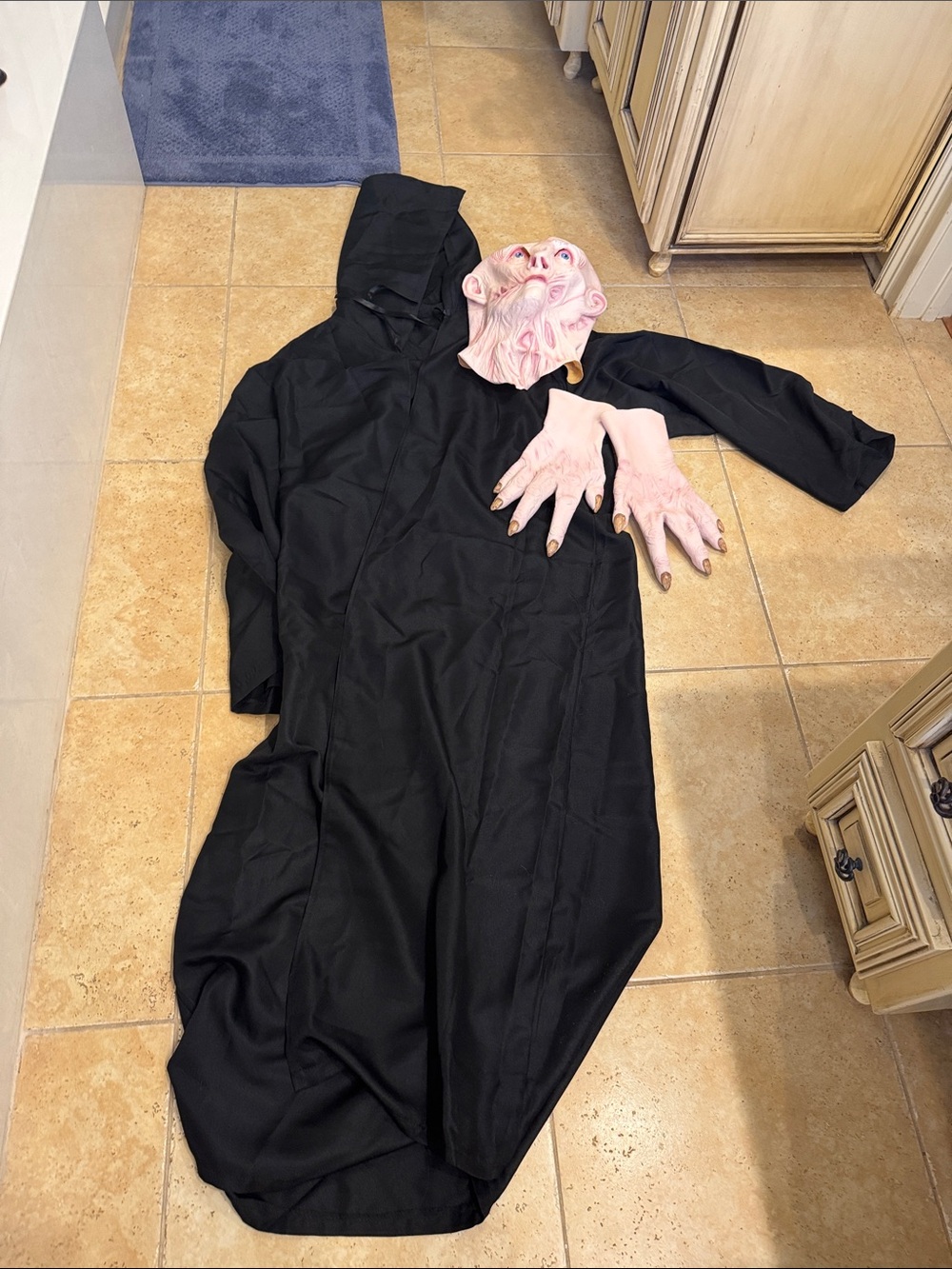 Adult Hooded Black Monster Costume with Pink Mask and Gloves
